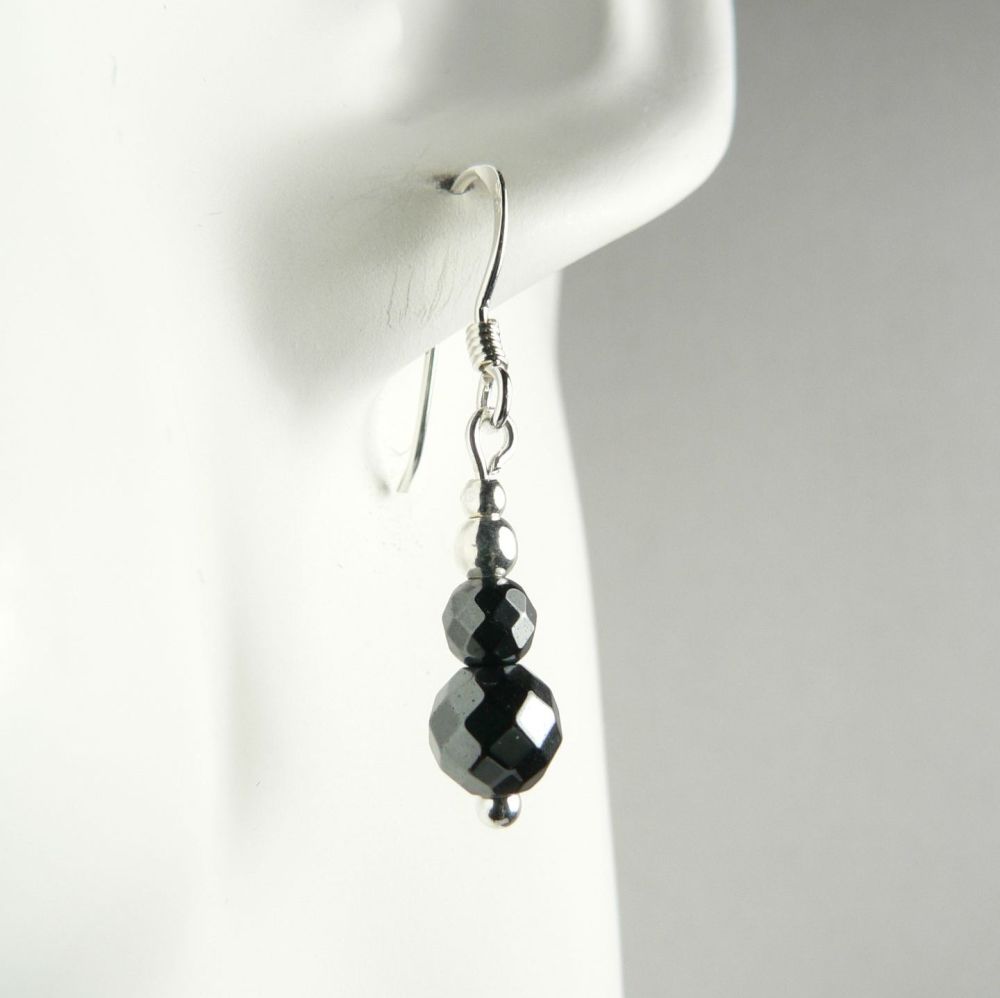 Sterling silver faceted 6mm & 4mm (+/-) Hematite semi-precious stone drop earrings, in a gift box
