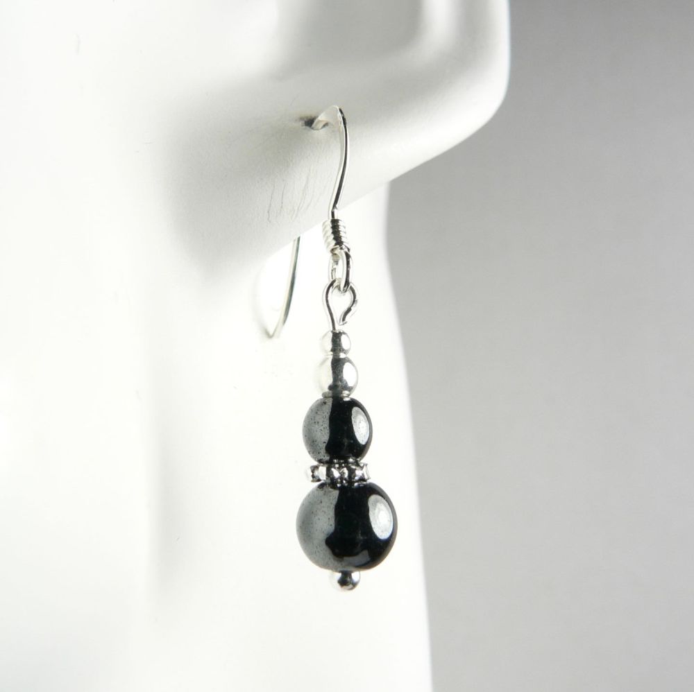 Sterling silver 6mm & 4mm (+/-) Hematite semi-precious stone drop earrings, in a gift box (daisy spacer)