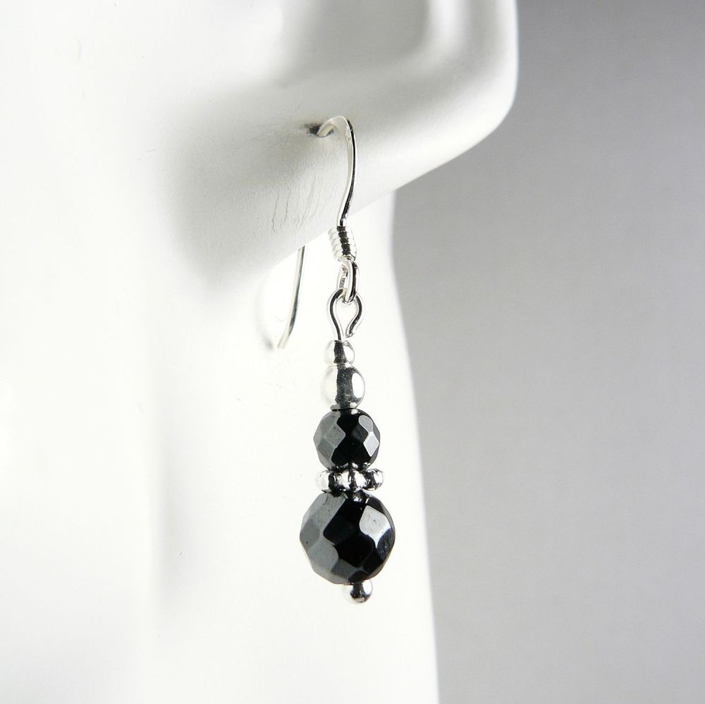 Sterling silver faceted 6mm & 4mm (+/-) Hematite semi-precious stone drop earrings, in a gift box (daisy spacer)