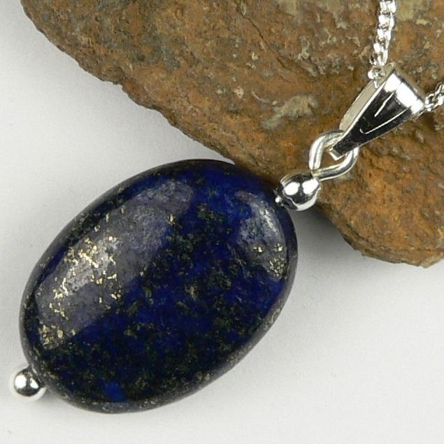 Sterling silver 13x18mm (+/-) oval Lapis Lazuli semi-precious stone pendant, with optional chain or leather cord, in a gift box