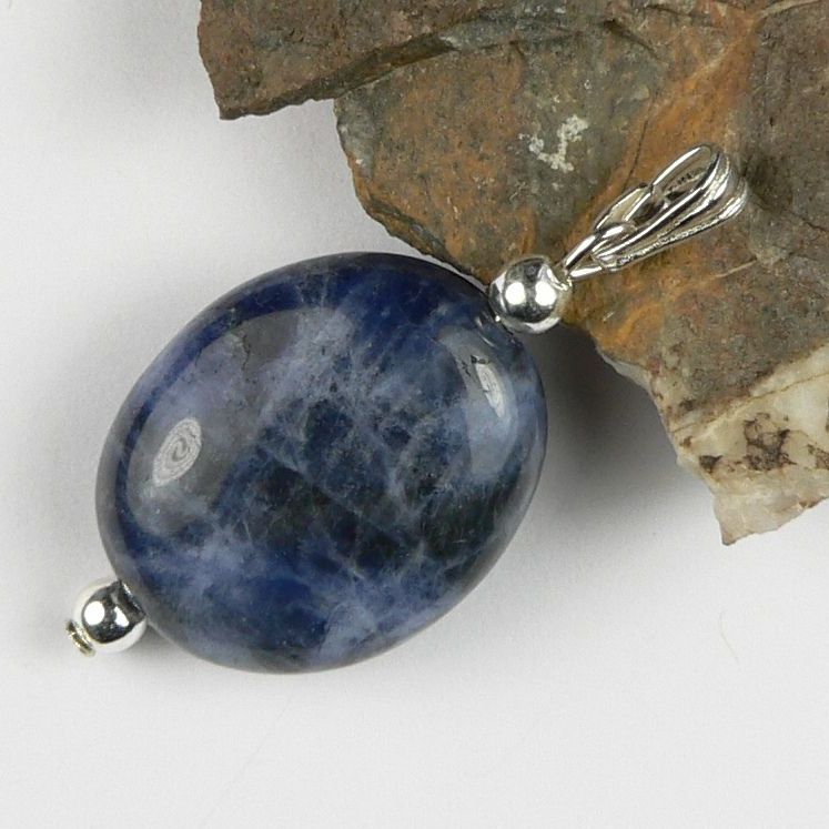 Sterling silver 15x18mm (+/-) oval Sodalite semi-precious stone pendant, with optional chain or leather cord, in a gift box