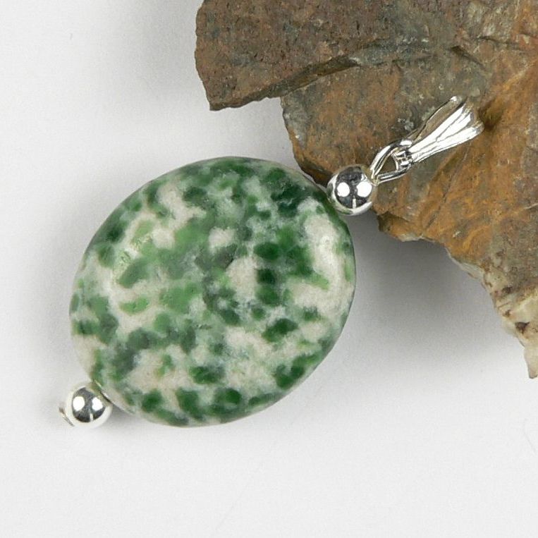 Sterling silver 15x18mm (+/-) oval Green Spot semi-precious stone pendant, with optional chain or leather cord, in a gift box