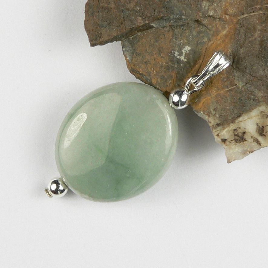 Sterling silver 15x18mm (+/-) oval Jade semi-precious stone pendant, with optional chain or leather cord, in a gift box