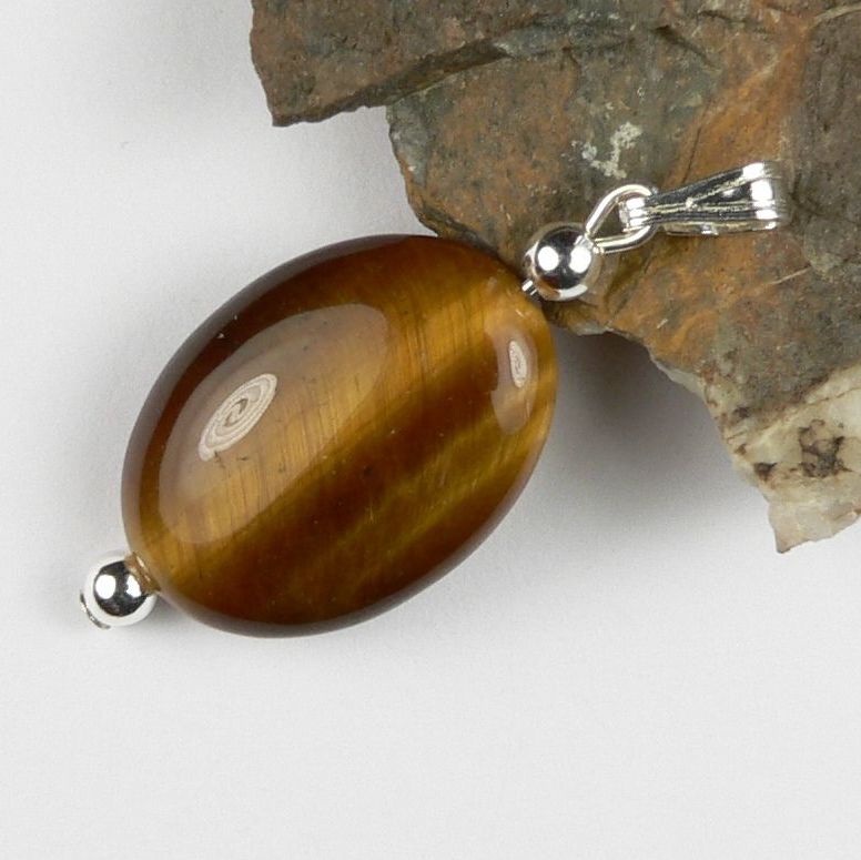 Sterling silver 13x18mm (+/-) oval Tigers Eye semi-precious stone pendant, with optional chain or leather cord, in a gift box