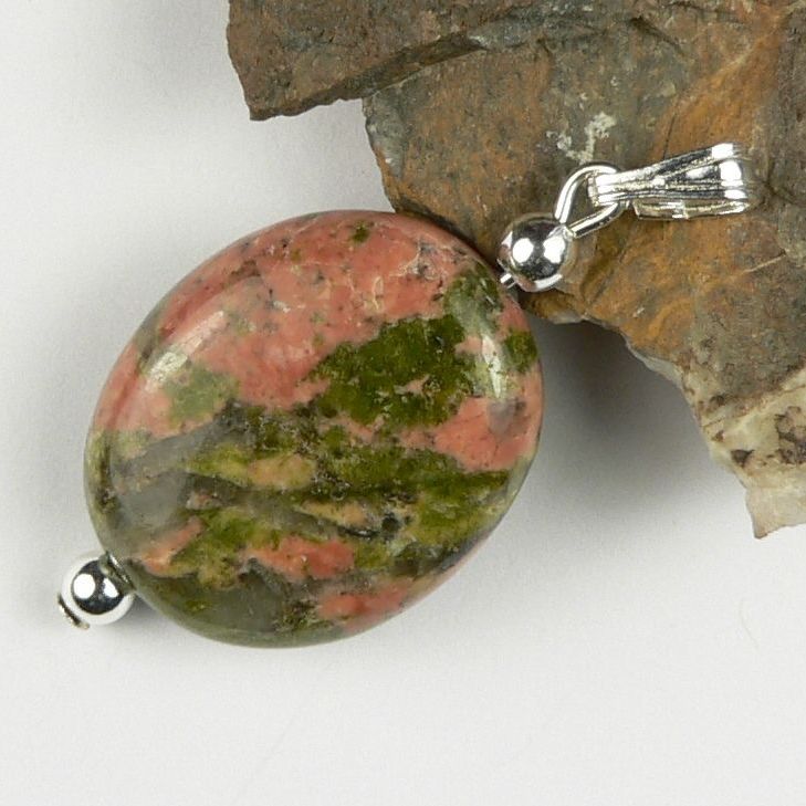 Sterling silver 15x18mm (+/-) oval Unakite semi-precious stone pendant, with optional chain or leather cord, in a gift box