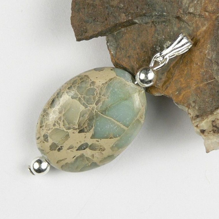 Sterling silver 13x18mm (+/-) oval Impression Jasper semi-precious stone pendant, with optional chain or leather cord, in a gift box