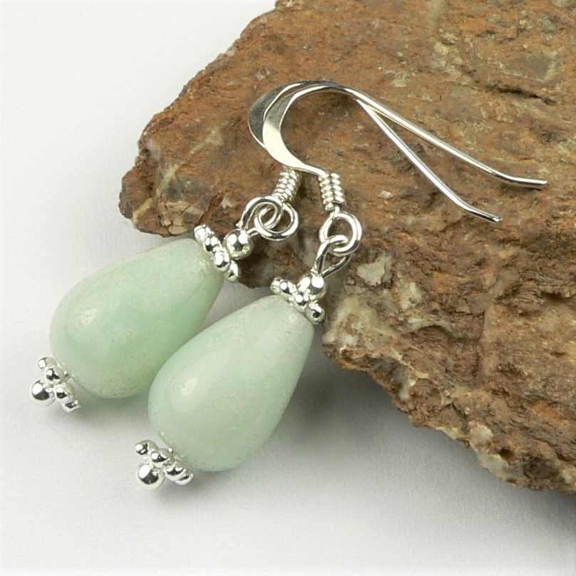 Sterling silver 12x8mm (+/-) Amazonite semi-precious stone drop earrings, in a gift box