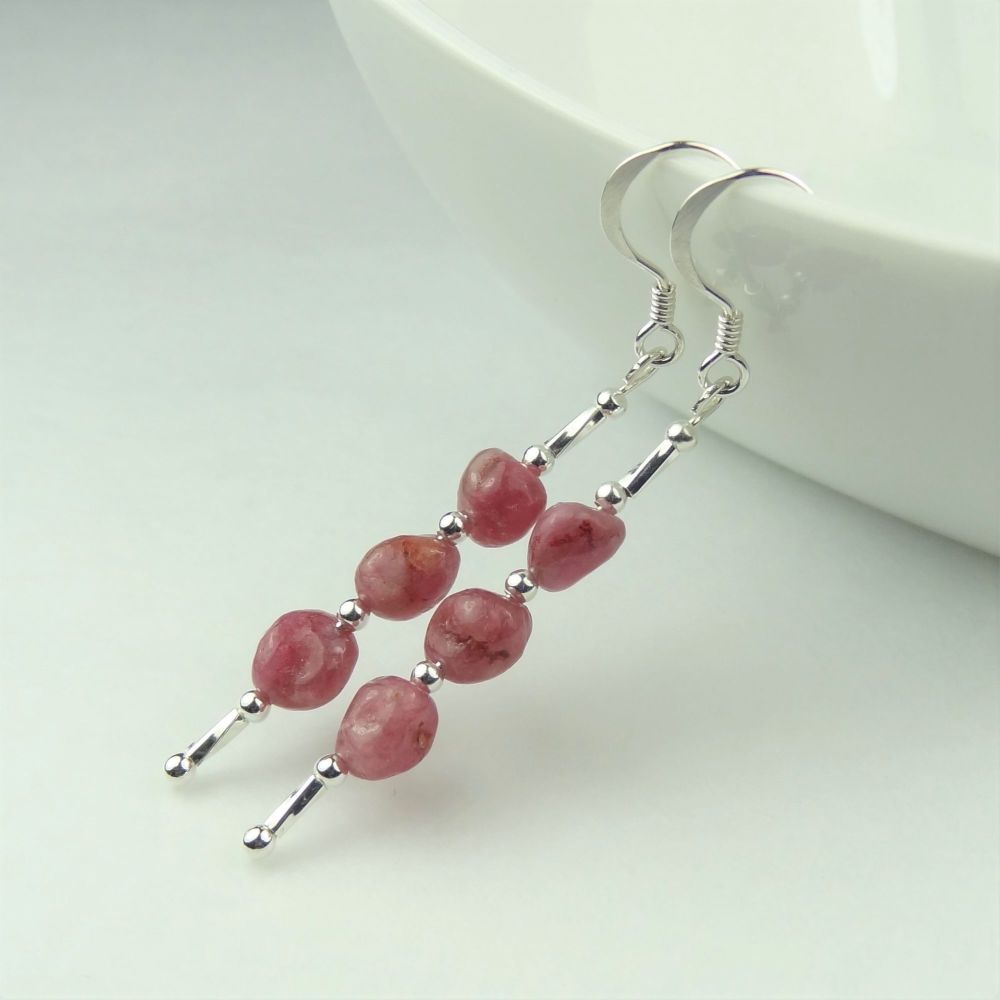 Pink Tourmaline semi-precious stone nuggets and sterling silver drop earrings, in a gift box (L) - 5mm (+/-) stones