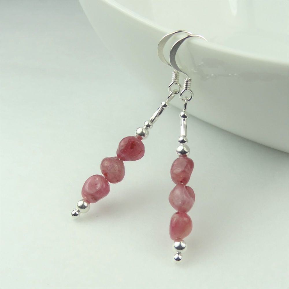 Pink Tourmaline semi-precious stone nuggets and sterling silver drop earrings, in a gift box - 5mm (+/-) stones