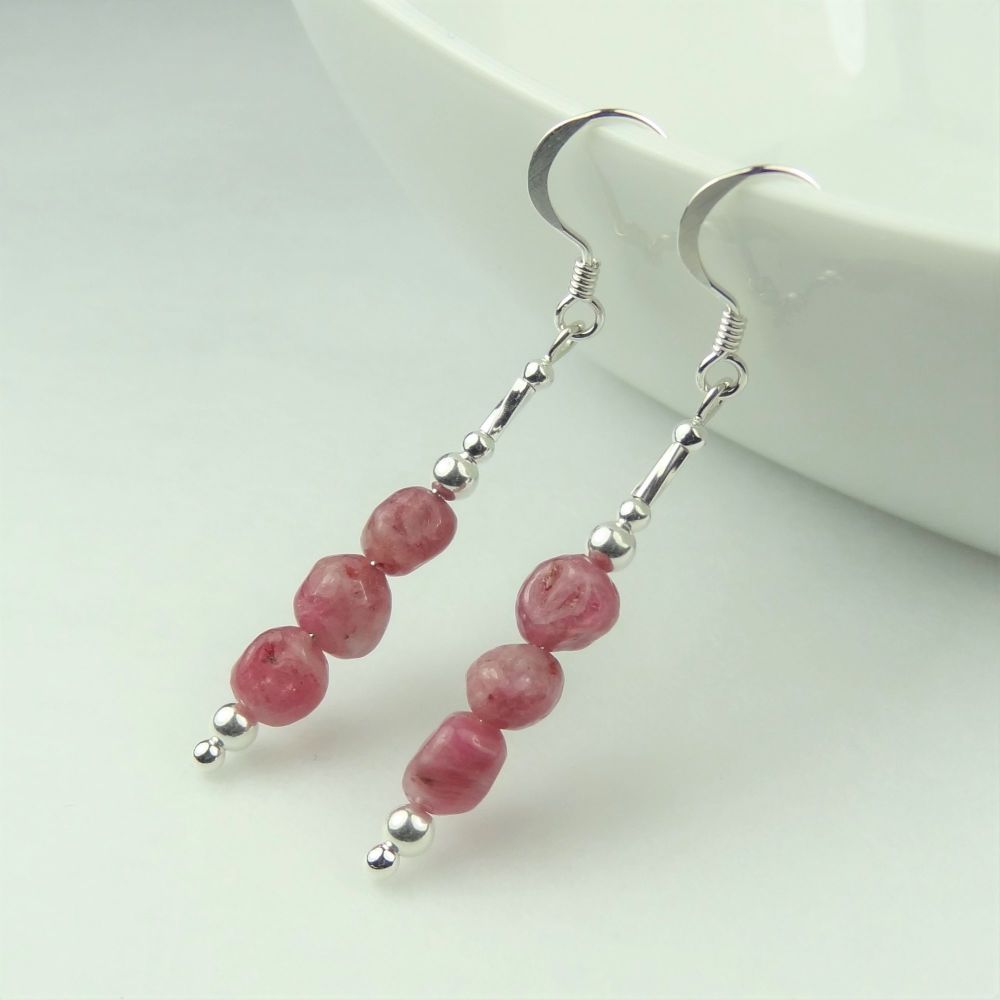 Pink Tourmaline semi-precious stone nuggets and sterling silver drop earrings, in a gift box - 5mm (+/-) stones