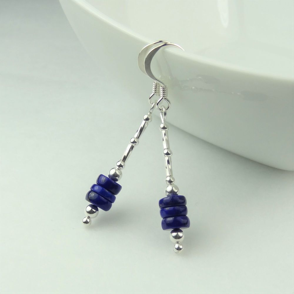 Lapis Lazuli semi-precious stone & sterling silver drop earrings, in a gift box (tyres/twists)