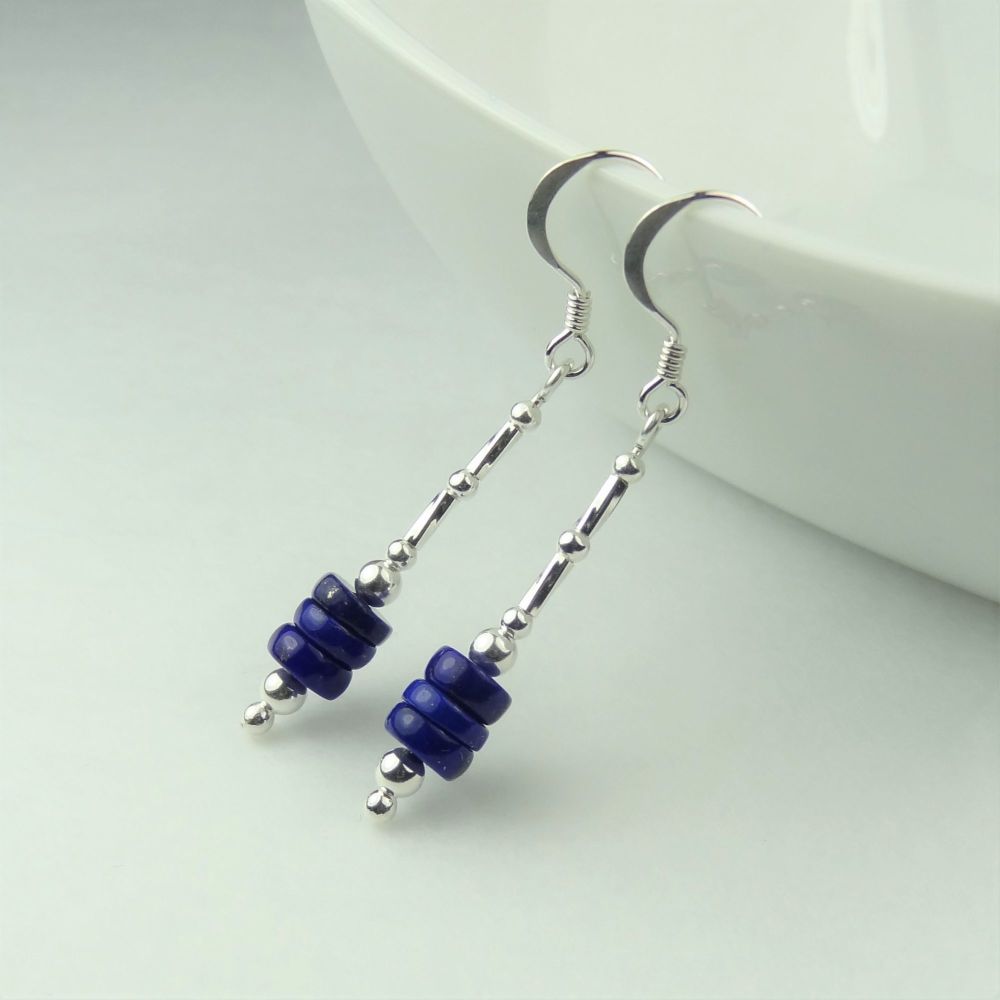 Lapis Lazuli semi-precious stone & sterling silver drop earrings, in a gift box (tyres/twists)