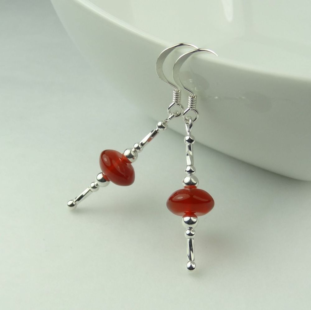 Red Agate semi-precious stone & sterling silver drop earrings, in a gift box (roundels/twists)