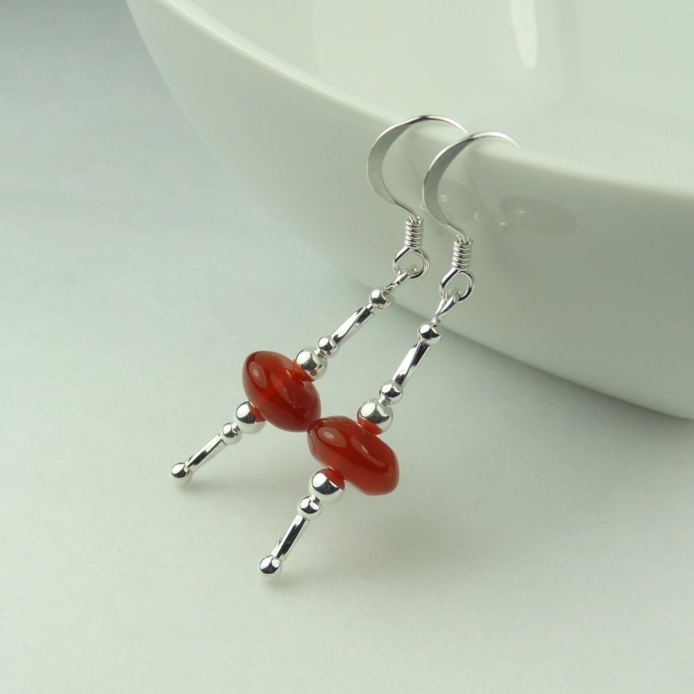 Red Agate semi-precious stone & sterling silver drop earrings, in a gift box (roundels/twists)
