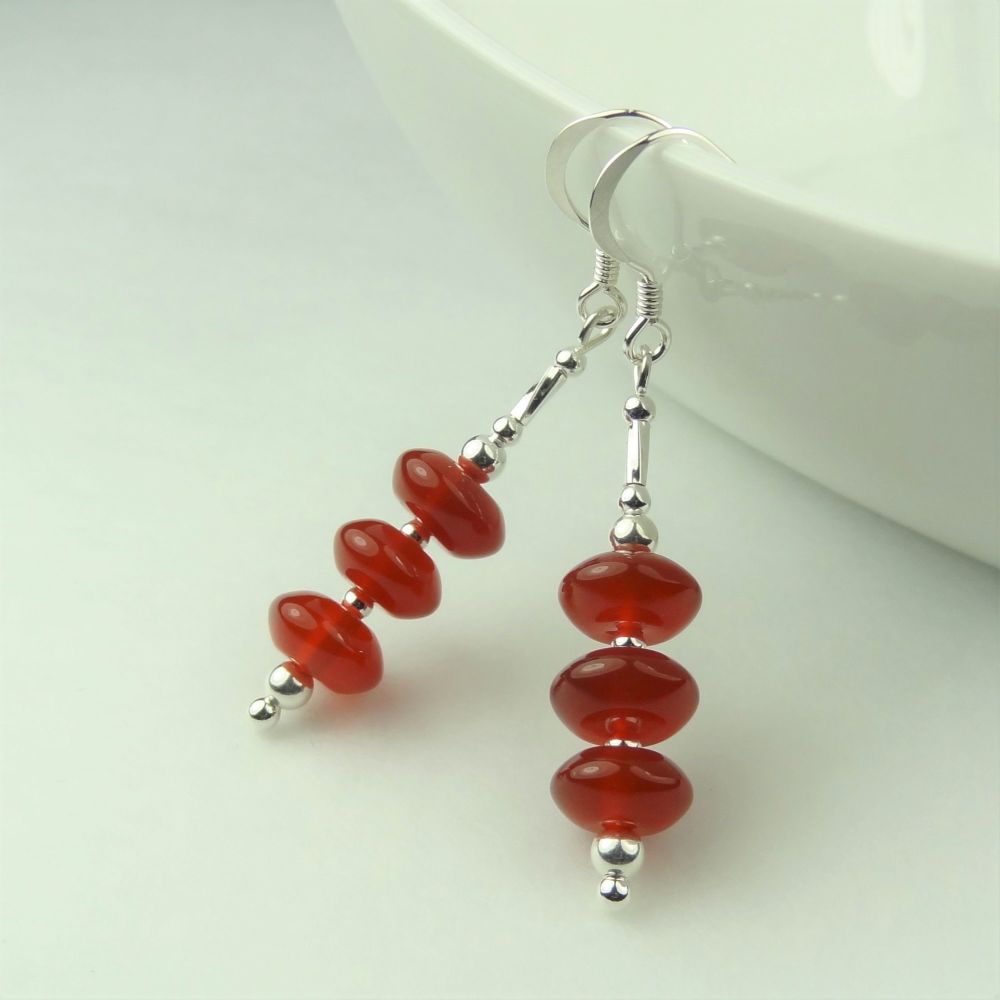 Red Agate semi-precious stone & sterling silver drop earrings, in a gift box (roundels/twists)