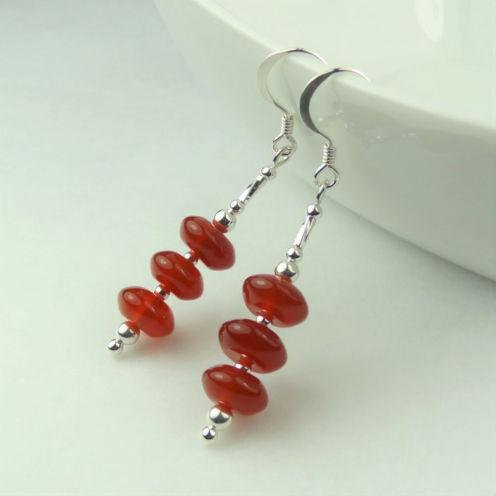 Red Agate semi-precious stone & sterling silver drop earrings, in a gift box (roundels/twists)