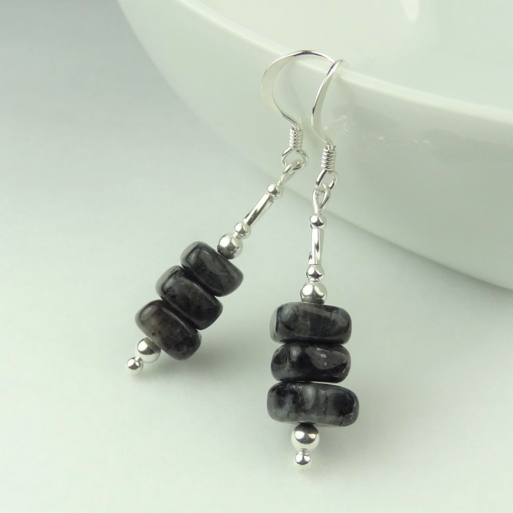 Larvikite semi-precious stone & sterling silver drop earrings, in a gift box (square roundels/twists)
