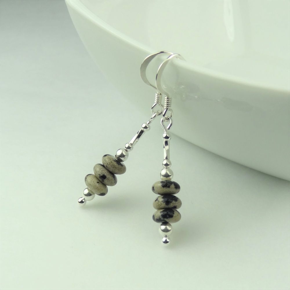 Dalmatian Jasper semi-precious stone & sterling silver drop earrings, in a gift box (roundels/twists)