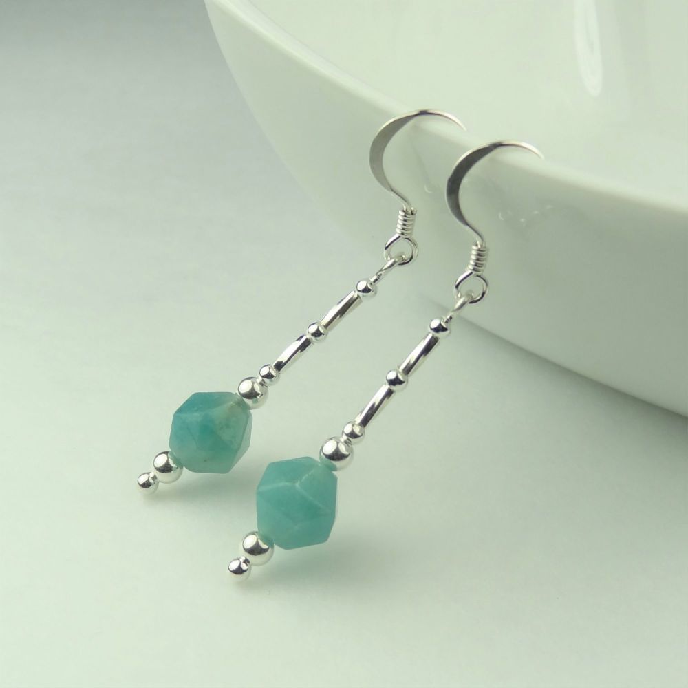 Amazonite semi-precious stone & sterling silver drop earrings, in a gift box (star cut/twists) - 7mm (+/-) stones