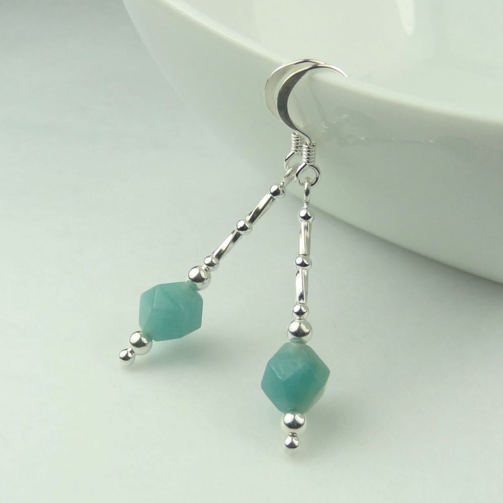 Amazonite semi-precious stone & sterling silver drop earrings, in a gift box (star cut/twists) - 7mm (+/-) stones
