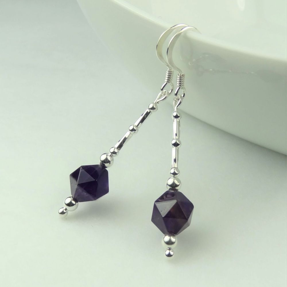 Amethyst semi-precious stone & sterling silver drop earrings, in a gift box (star cut/twists) - 7mm (+/-) stones