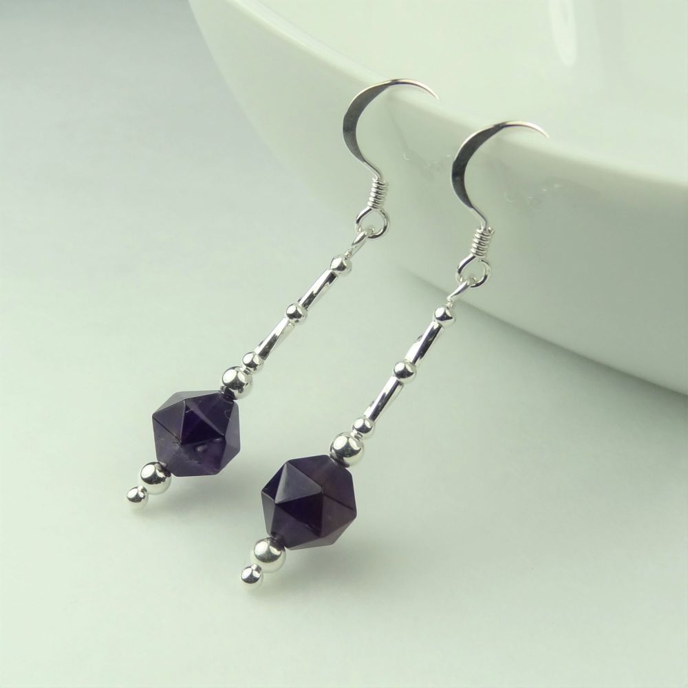 Amethyst semi-precious stone & sterling silver drop earrings, in a gift box (star cut/twists) - 7mm (+/-) stones