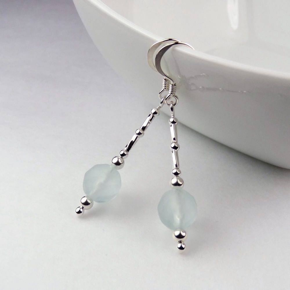 8mm (+/-) very pale blue faceted and frosted sea glass & sterling silver drop earrings