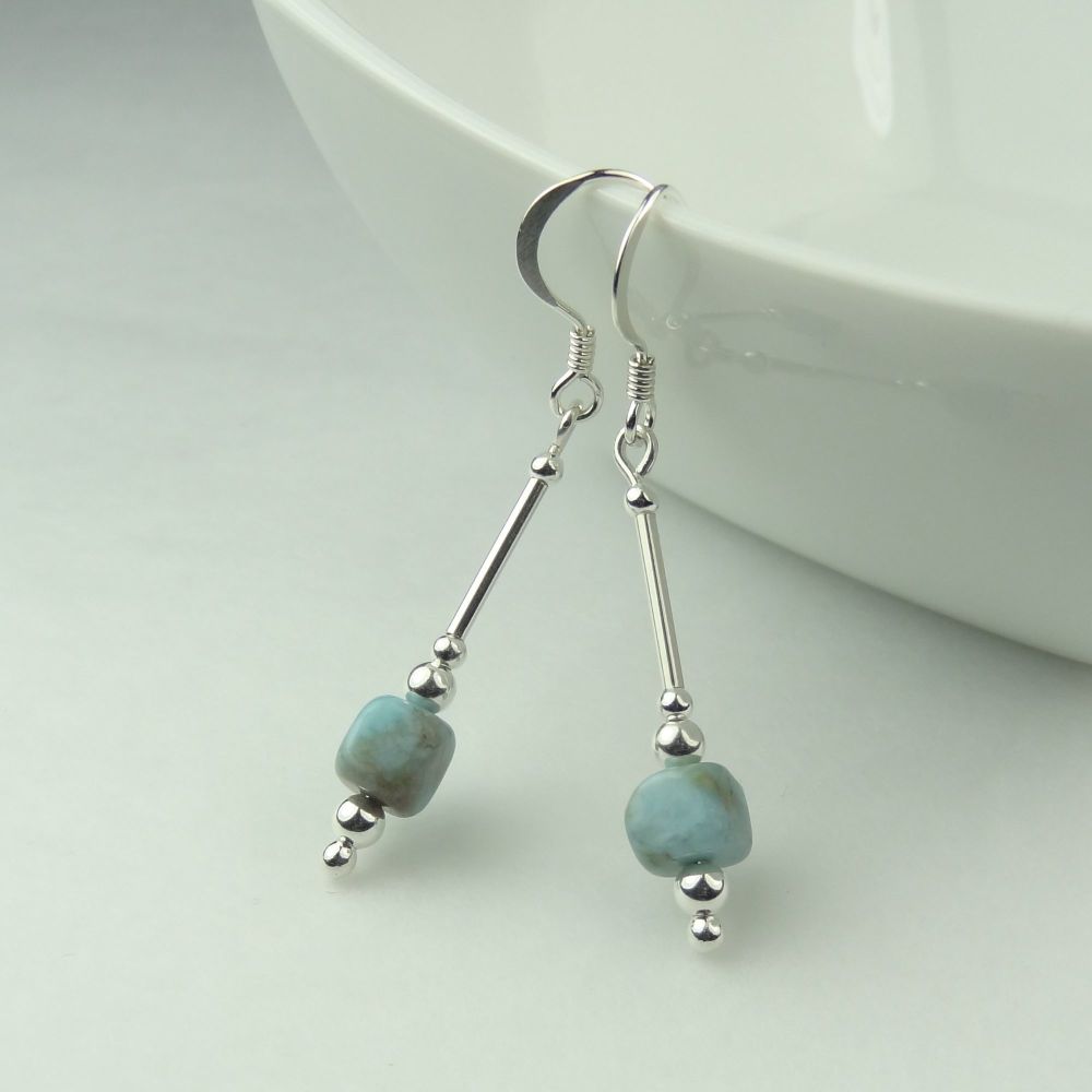 Larimar nugget semi-precious stone & sterling silver drop earrings, in a gift box (L) - 5mm (+/-) stones