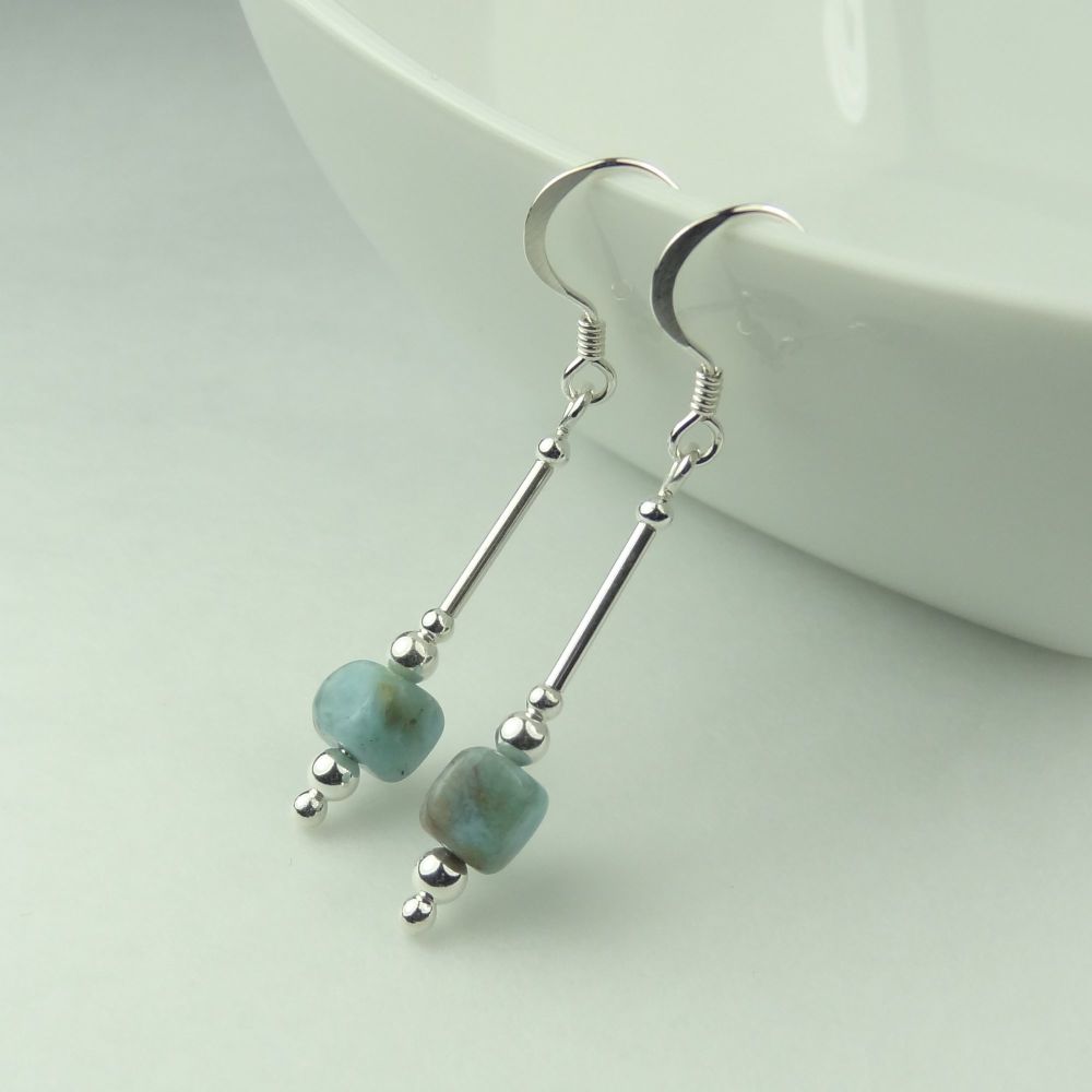 Larimar nugget semi-precious stone & sterling silver drop earrings, in a gift box (L) - 5mm (+/-) stones