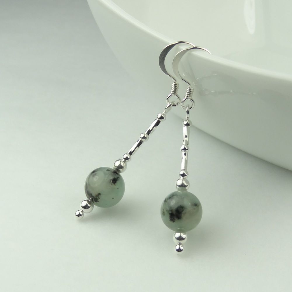 8mm (+/-) Kiwi / Sesame Jasper semi-precious stone & sterling silver drop earrings, in a gift box (double twists)