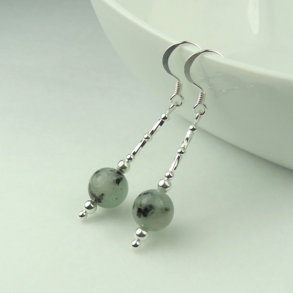 8mm (+/-) Kiwi / Sesame Jasper semi-precious stone & sterling silver drop earrings, in a gift box (double twists)