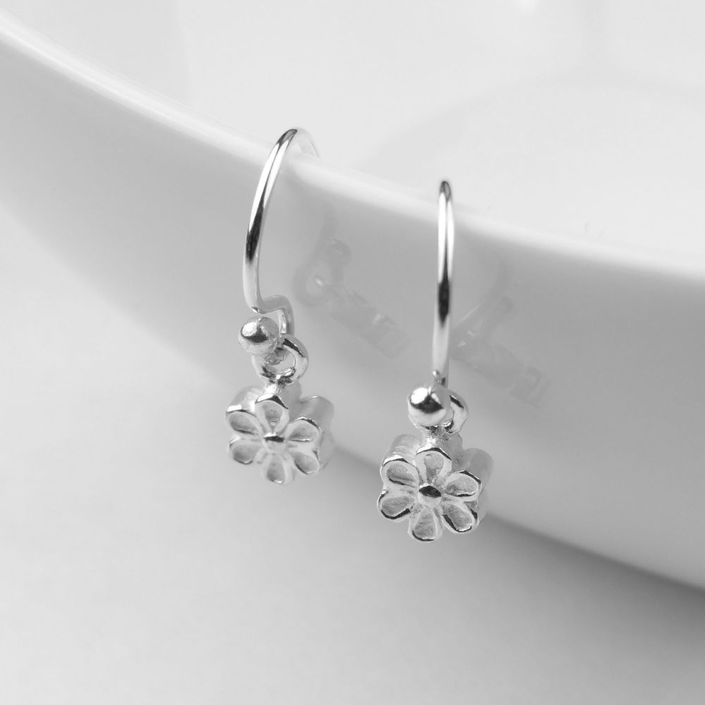 Sterling silver dainty/small 5mm double sided daisy earrings on french ear wires, in a gift box