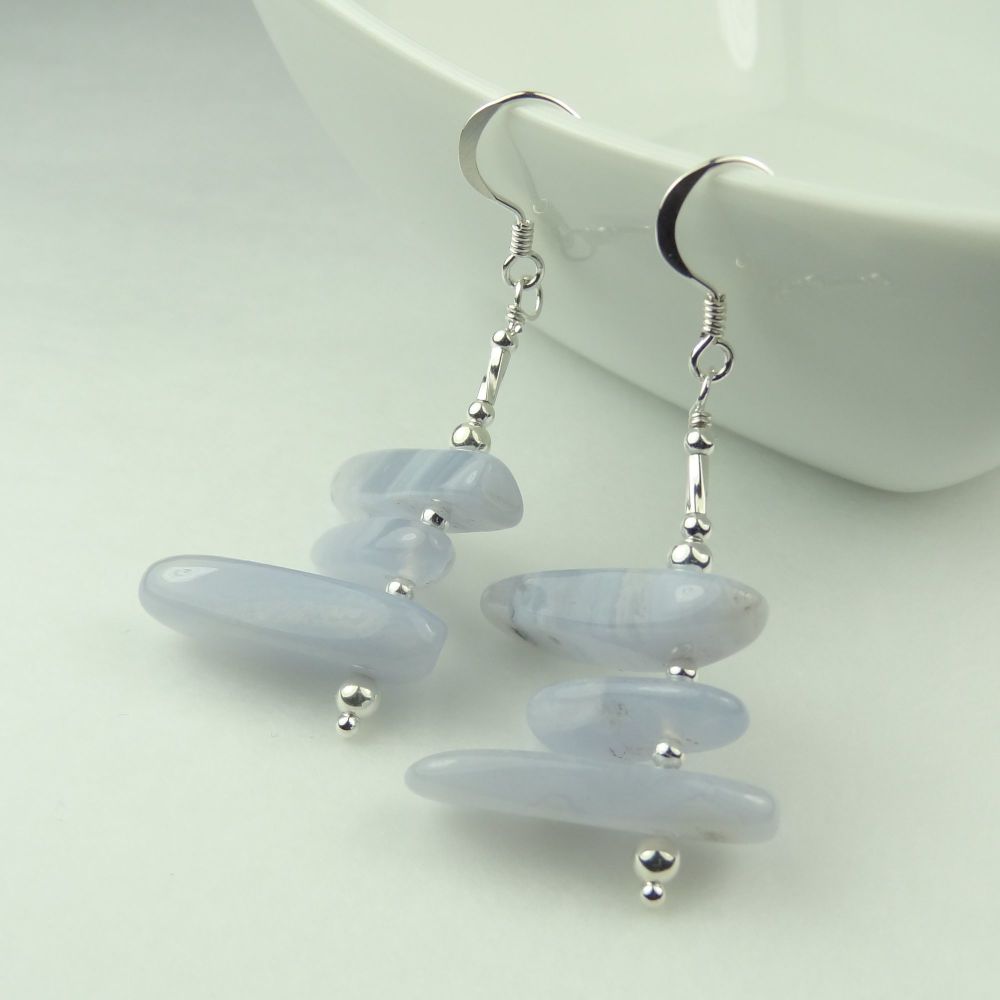 Blue Lace Agate semi-precious stone long chips and sterling silver earrings, in a gift box