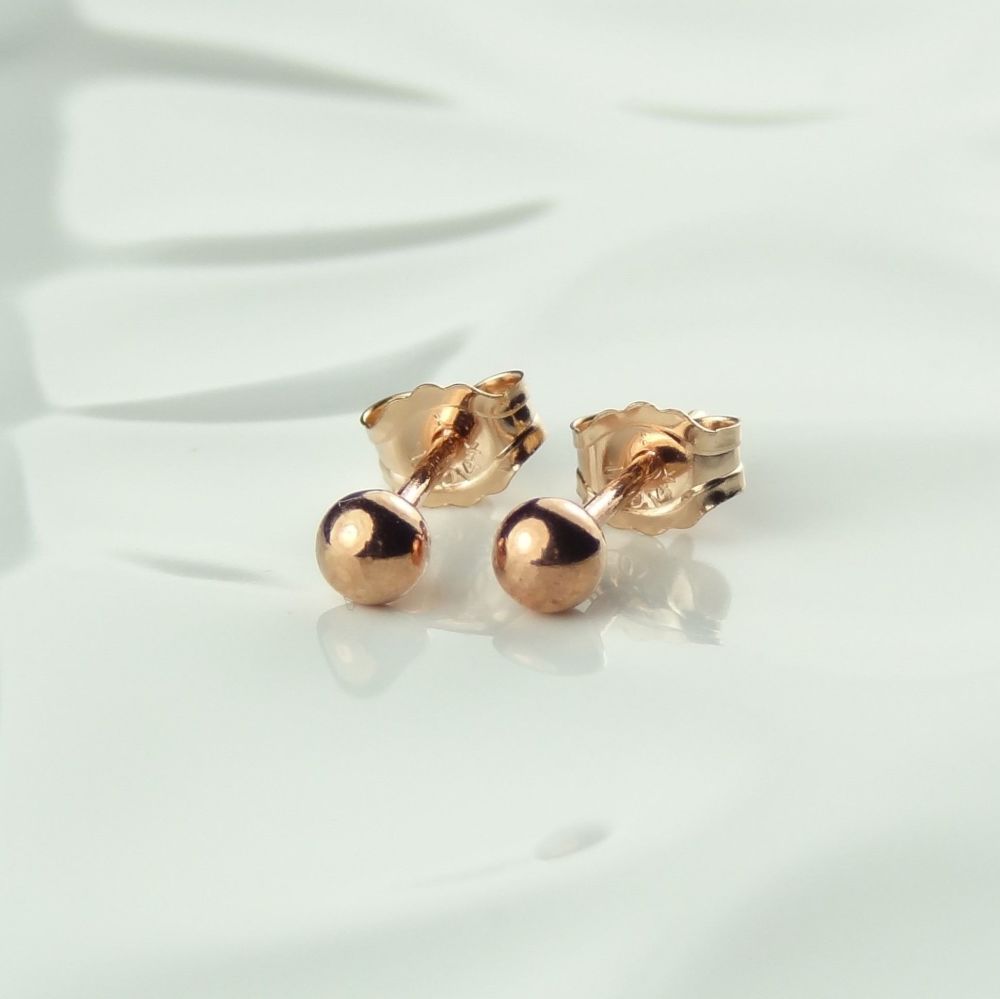 3mm, 14k rose gold filled stud earrings, in a gift box