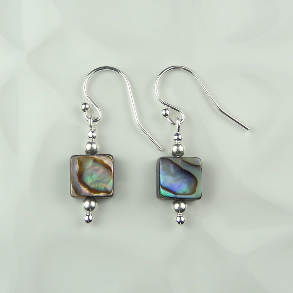 8mm (+/-) square Abalone shell & sterling silver drop earrings, in a gift box (#1)