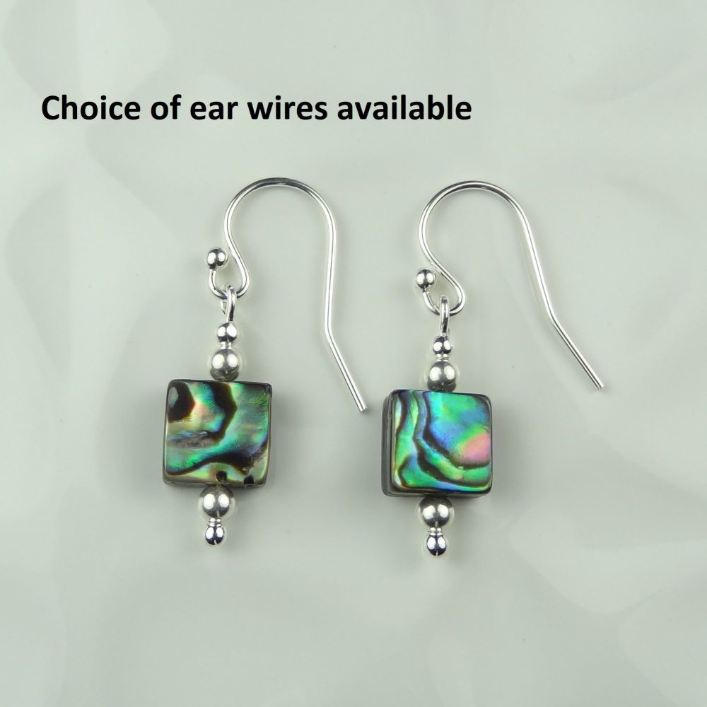 8mm (+/-) square Abalone shell & sterling silver drop earrings, in a gift box (#1)