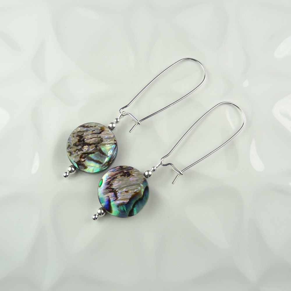 16mm (+/-) round/disc/coin Abalone shell & sterling silver drop earrings, in a gift box (#1)