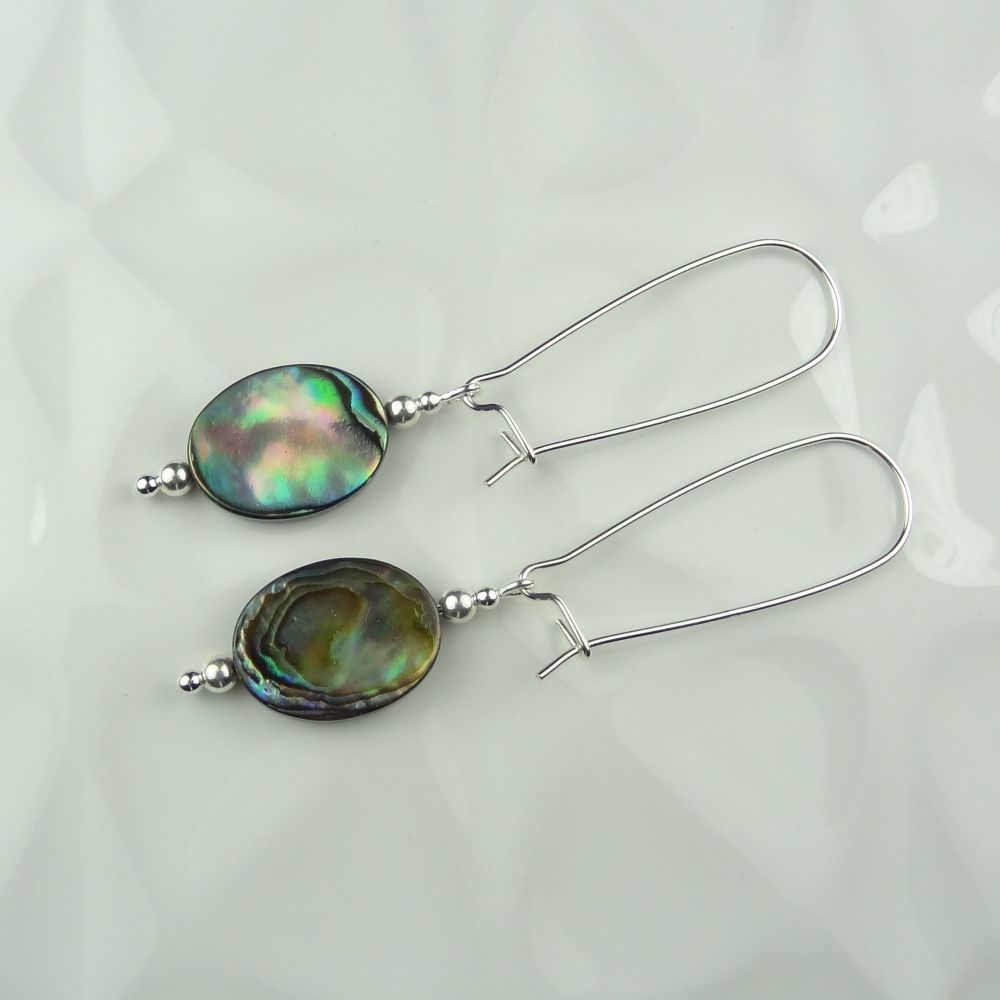 12x16mm (+/-) oval Abalone shell & sterling silver drop earrings, in a gift box (#1)