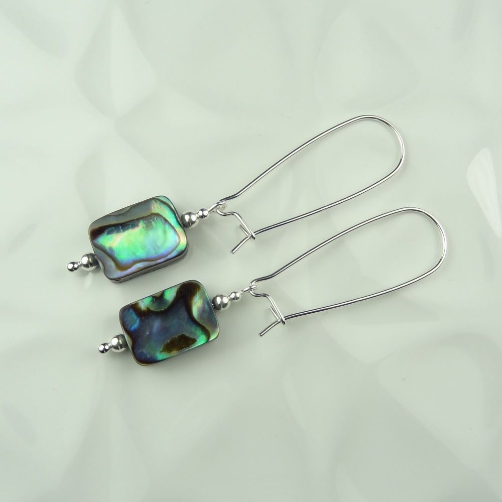 10x14mm (+/-) rectangular Abalone shell & sterling silver drop earrings, in a gift box (#1)