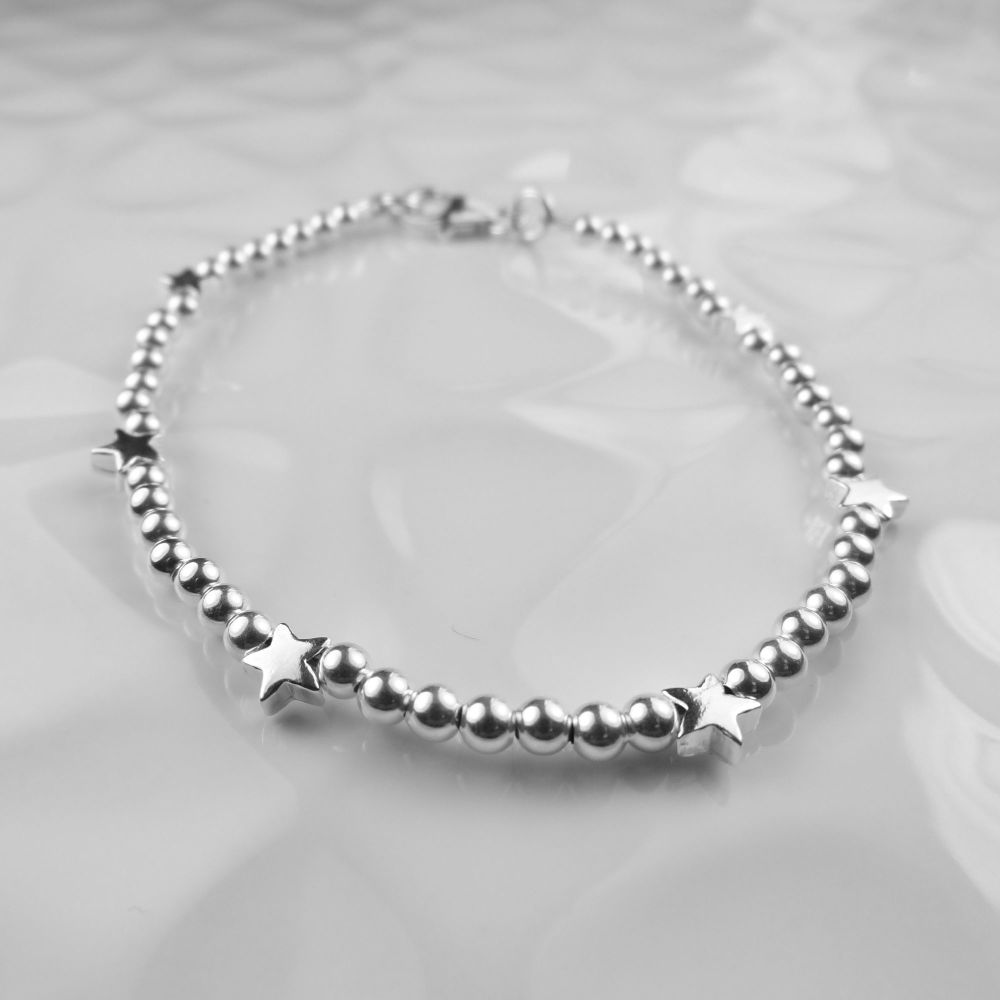 Sterling silver 3mm round beads with 5mm stars beaded bracelet, with lobster clasp, in a gift box