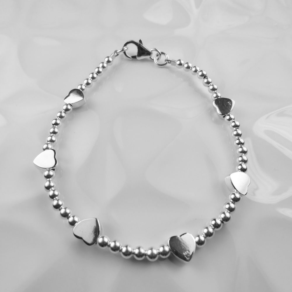 Sterling silver 3mm round beads with 6mm hearts beaded bracelet, with lobster clasp, in a gift box