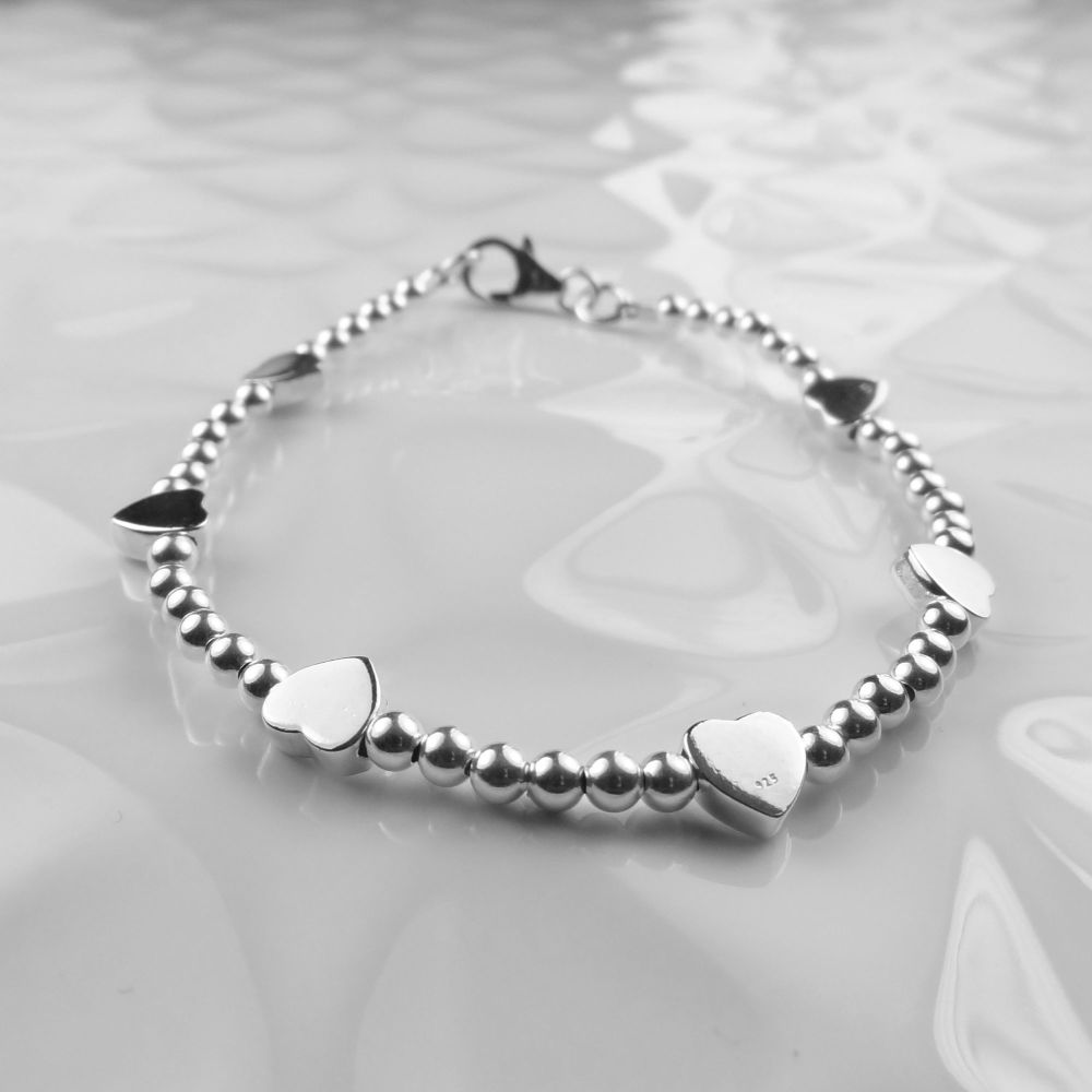 Sterling silver 3mm round beads with 6mm hearts beaded bracelet, with lobster clasp, in a gift box