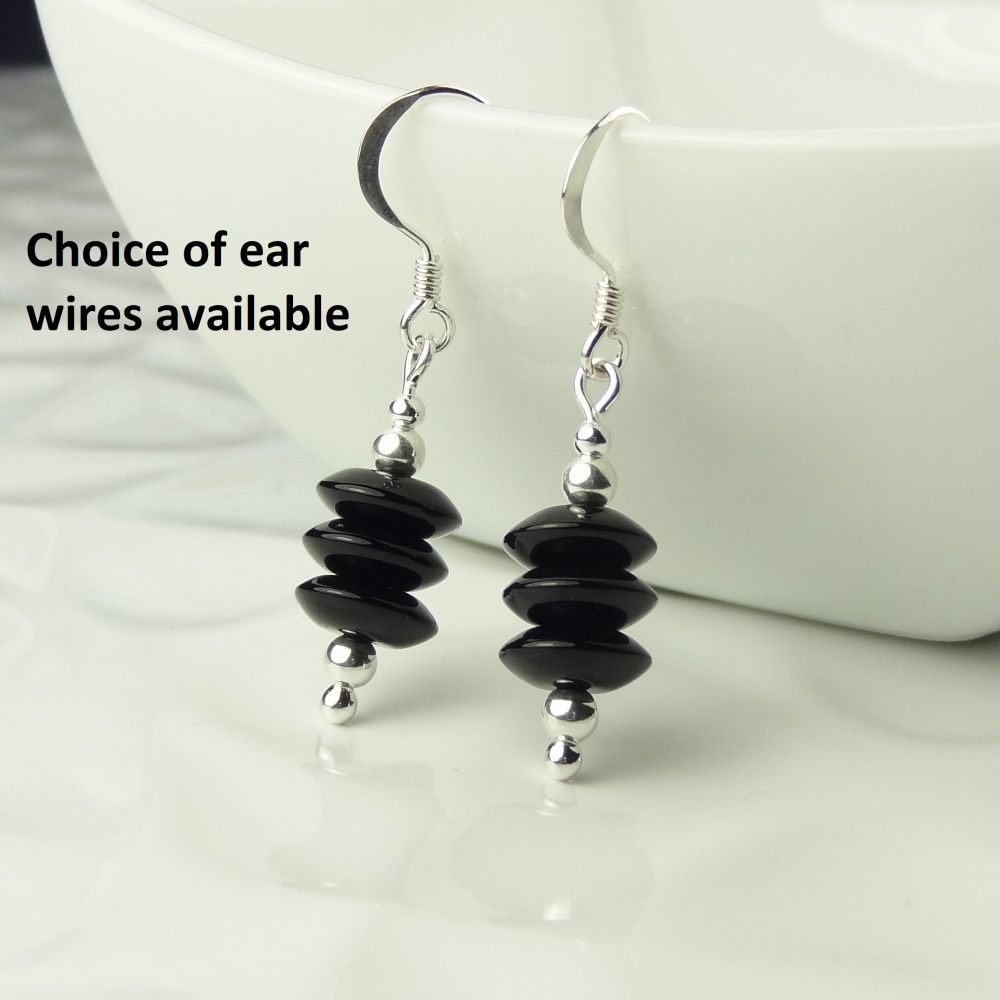 3x8mm (+/-) Black Onyx roundel semi-precious stone & sterling silver drop earrings, in a gift box