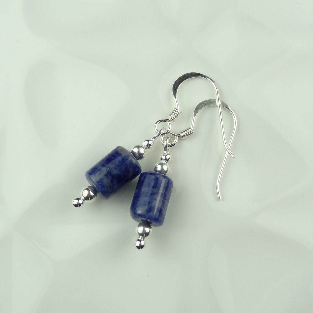 6x9mm (+/-) Sodalite semi-precious stone tubes & sterling silver drop earrings, in a gift box (#1)