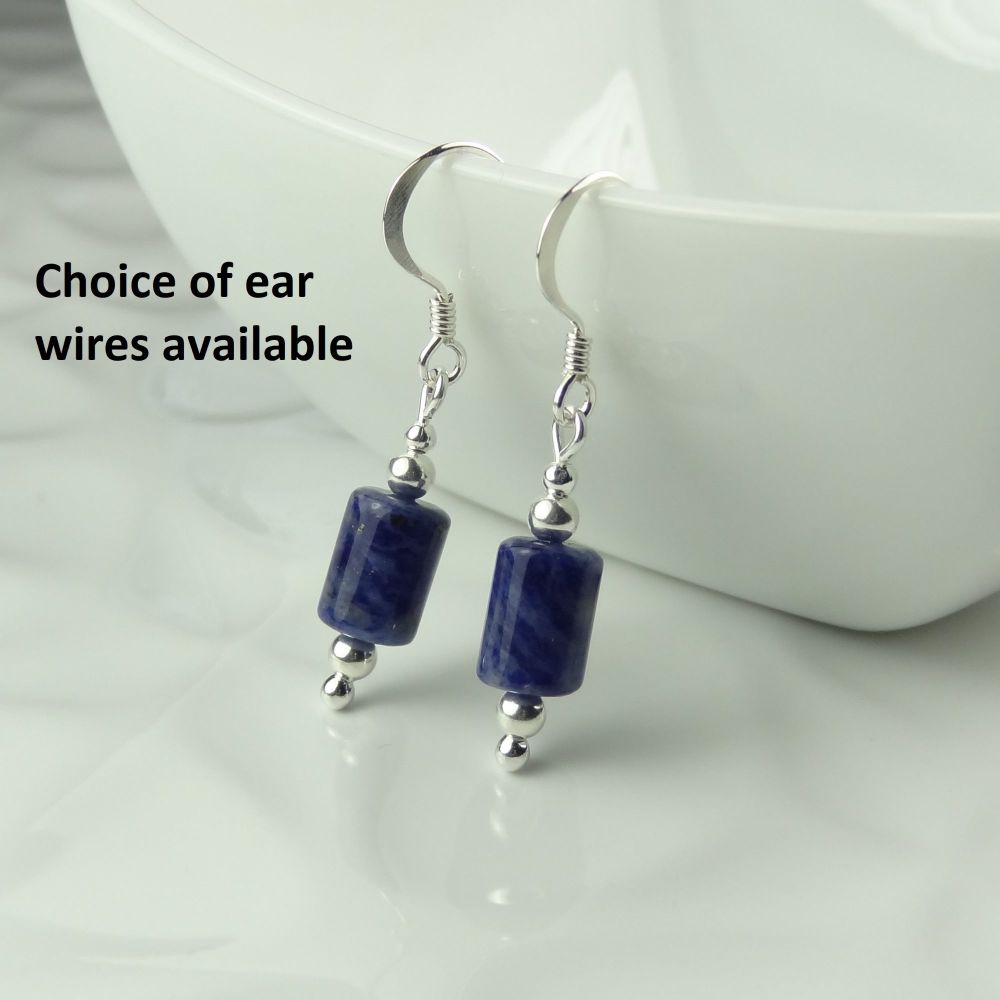 blue Sodalite semi-precious stone tubes & sterling silver earrings