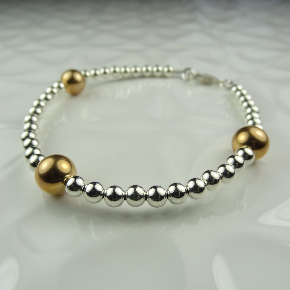 Sterling silver & 14K gold filled bead bracelet with lobster clasp,