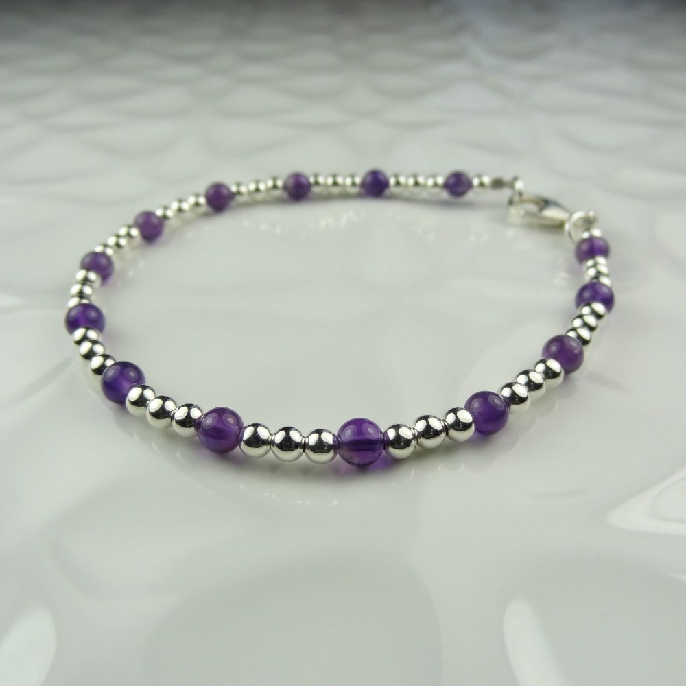 11 stone options - 3mm sterling silver bead & 4mm (+/-) semi-precious stone bead bracelet with lobster clasp, in a gift box