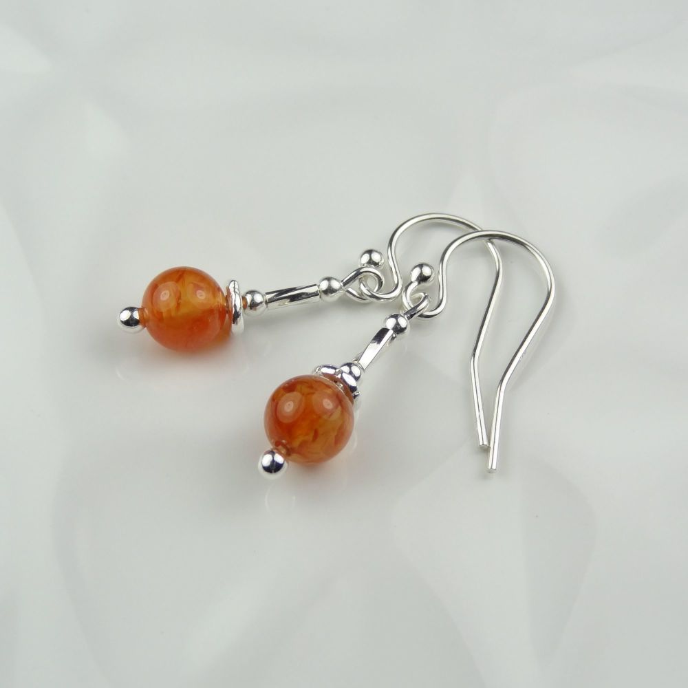 6mm (+/-) Carnelian semi-precious stone & sterling silver drop earrings, in a gift box (twist/Hill Tribe)