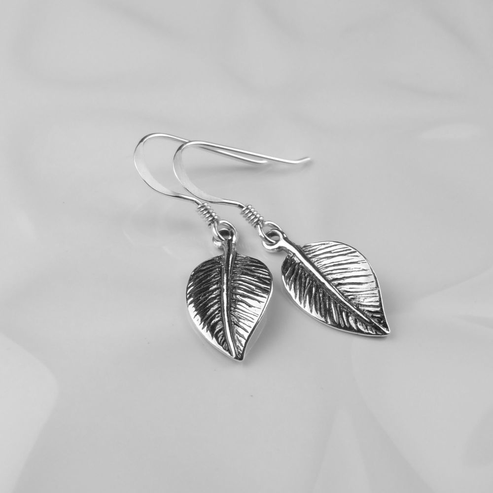 Sterling silver earrings with 17x8mm leaves, on fish wires, in a gift box (antique finish)