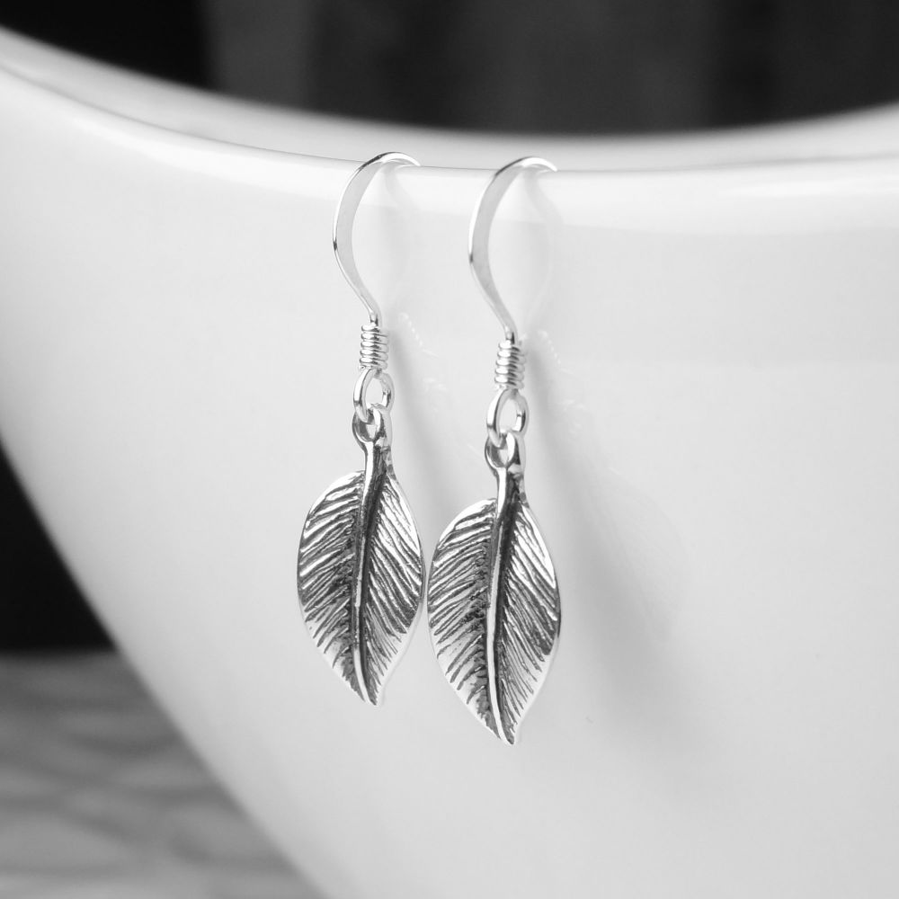 Sterling silver earrings with 17x8mm leaves, on fish wires